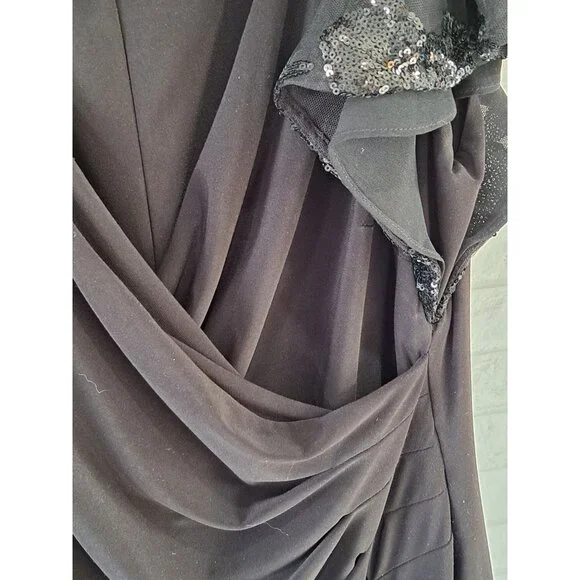 Lauren Ralph Lauren Black Gown Sequined Flutter Sleeves Size 14 Draped  Women's - Picture 4 of 11